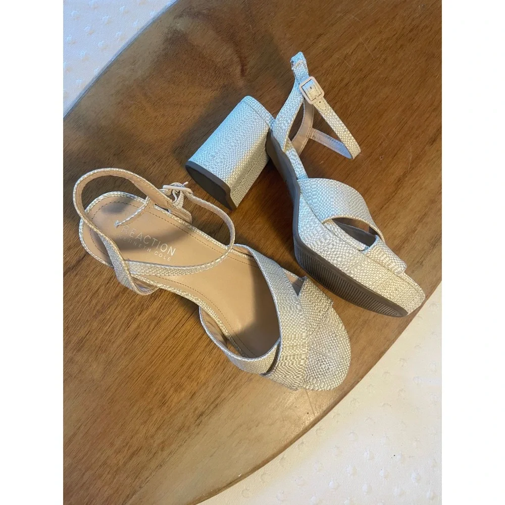 Kenneth Cole Reaction Reeva Natural Woven Platform Block Heel Sandals‎ 8.5